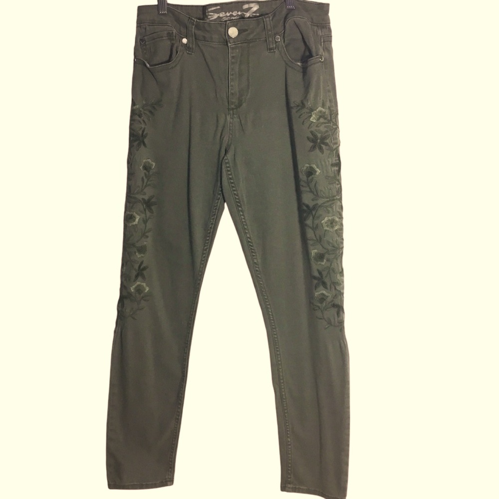Seven7 Embroidered Skinny Jeans Olive Green Floral High Rise Women’s Size 12 - Picture 2 of 9